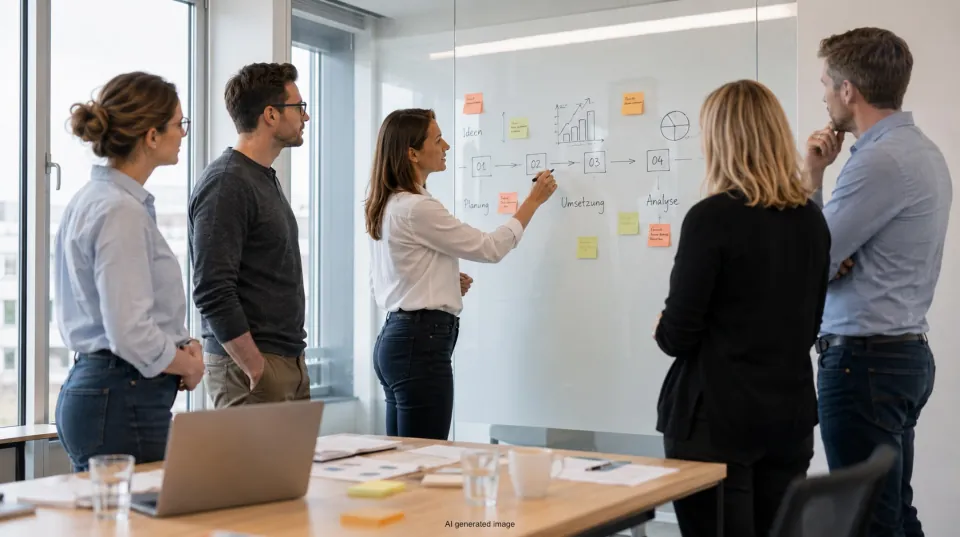 Mit KI erzeugtes Foto: fünf Personen in einem Büro vor einem Whiteboard.