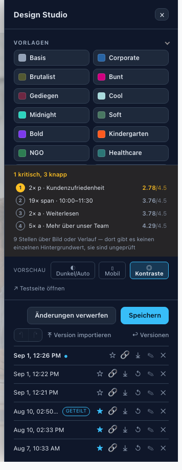 Die Versionsliste im Design Studio mit Anheften-, Teilen- und Wiederherstellen-Symbolen je Zeile