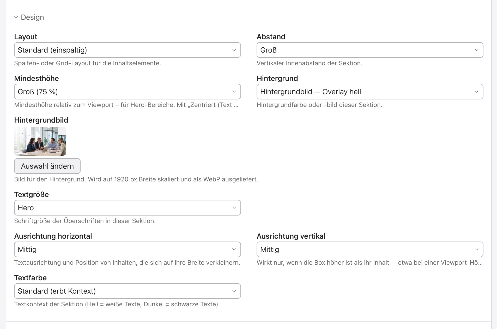 Das Register „Design“ an einem Contao-Artikel mit den Sektions-Feldern