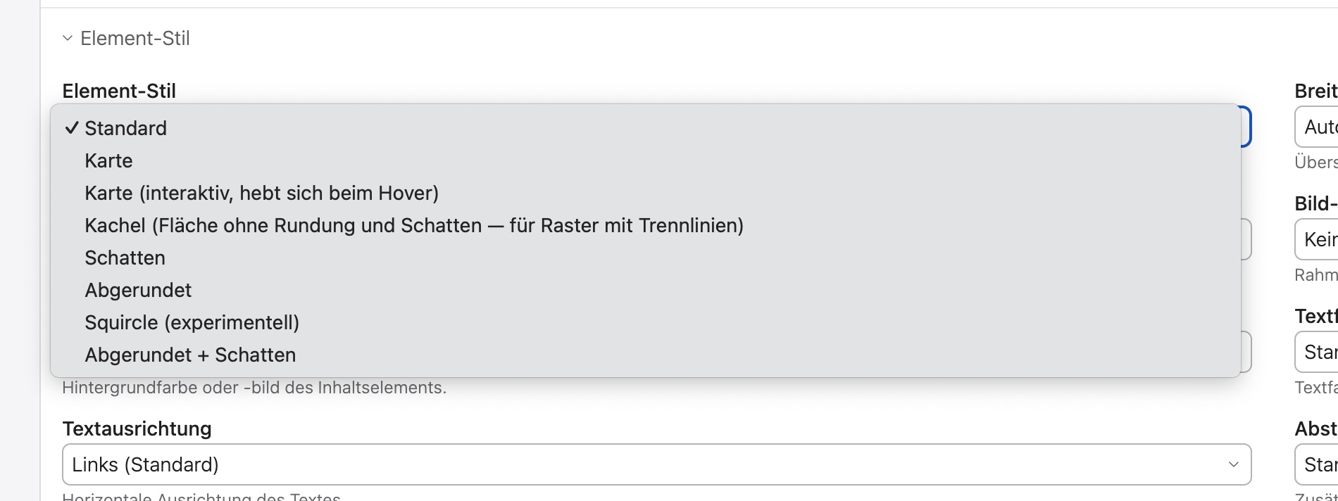 Das Register „Element-Stil“ mit geöffneter Auswahlliste
