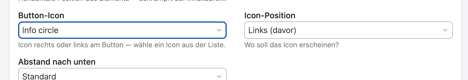 Das durchsuchbare Auswahlfeld „Button-Icon“ an einem Button-Element