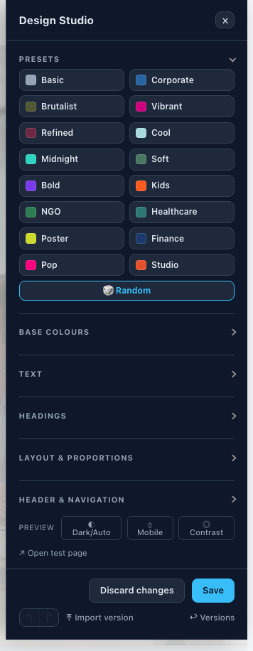 The open Design Studio with the list of slider groups